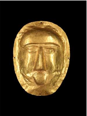 Funerary Mask, Thaj, Tell al-Zayer, Saudi Arabia, 1st century C.E. Gold, H x W: 6 11/12 x 5 1/12 inches. National Museum, Riyadh, 2061.