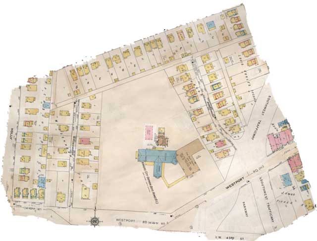 An old map shows the Orphan Boy's home between Westport Road, Southwest Trafficway and 43rd Streets. Image courtesy Kansas City Public Library - Missouri Valley Special Collections. 