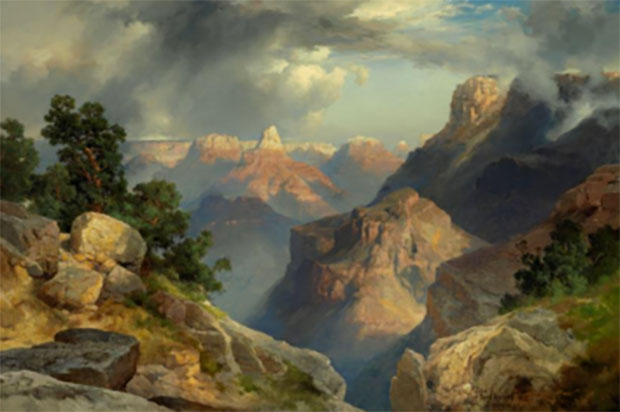 Photo courtesy Nelson-Atkins Museum of Art. Thomas Moran (born England), 1837–1926. Grand Canyon, dated 1912 Oil on pressboard 15-7/8 × 23-7/8 inches (40.3 × 60.6 cm). Bequest of Katherine Harvey.
