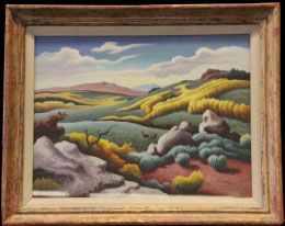 Image caption: Thomas Hart Benton, American (1889–1975). Utah Highlands, 1954. Gouache on paper mounted to board, 21 x 28 inches (53.3 x 71.1 cm). Lent by the Shawnee Mission School District, Shawnee Mission, Kansas. Art © T.H. Benton and R.P. Benton Testamentary Trusts/UMB Bank Trustee/Licensed by VAGA, New York, NY