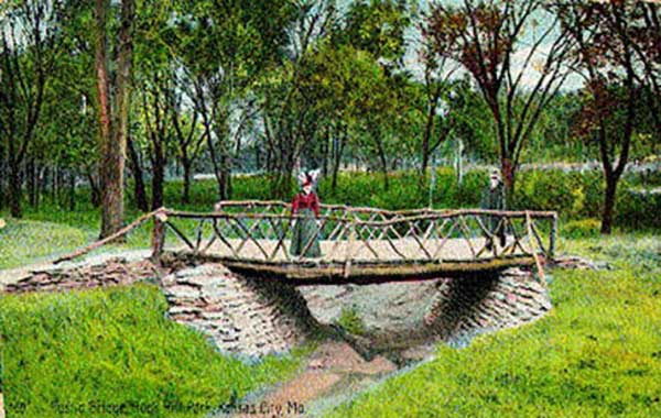 The area around 52nd and Brookside was known in 1911 for the small pedestrian bridges across the brook there, along what later became Brookside Boulevard. This postcard from 1910 shows one of these pedestrian bridges at 52nd and Brookside. Courtesy Kansas City Public Library - Missouri Valley Special Collections.