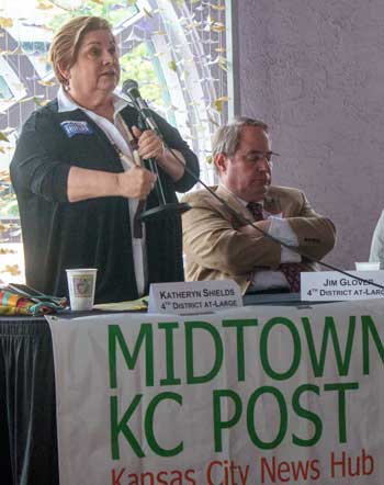 Shields and Glover at a candidate forum in June 2015.