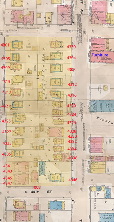 A Sanborn Fire Insurance map show these blocks from 1909-1950.