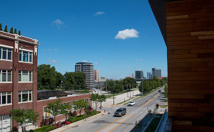 Balconies at Twenty9 Gillham offer views of downtown, Crown Center and Union Cemetery. 