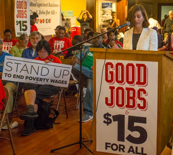 Attorney Gina Chiala told low-wage workers that a state law prohibiting cities like Kansas City from increasing the minimum wage is not only a bad law, it is unconstitutional. 