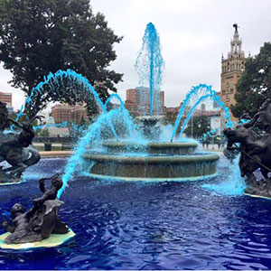 Fountains around town are blue in celebration of the Royals. Courtesy Kansas City Parks and Recreation Department. 