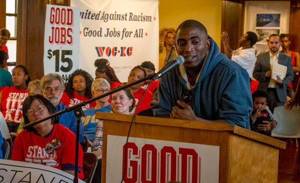 Kansas City fast food worker Terrence Wise, who met with President Obama this week, urged other workers at a rally last night to continue to fight for a minimum wage increase. 