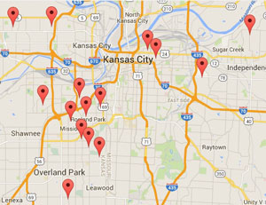 This map shows Kansas City area schools that are participating in Walk to School Day today. In Kansas City, participation is highest on the Kansas side of the state line.