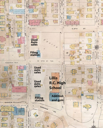 This 1909-1940  Sanborn Fire Insurance map shows the block when it was dominated by the Lillis High School. Troost Avenue was dotted with used cars lots and gas stations during this period.