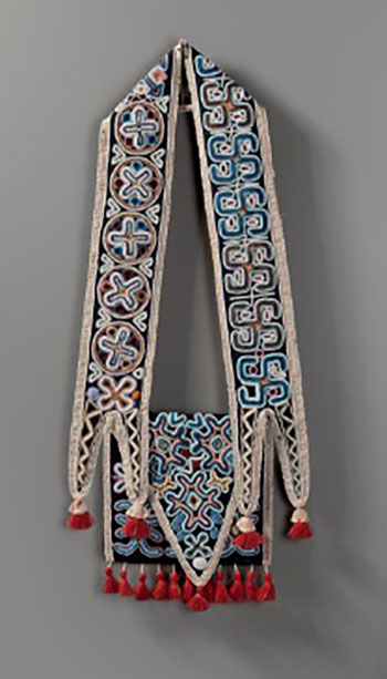 Courtesy Nelson-Atkins Museum of Art: Shoulder Bag, Seminole, Florida, ca. 1830. Wool cloth, glass beads, silk ribbon and wool yarn, 29 1⁄2 x 12 3⁄4 inches (74.9 x 32.4 cm). Gift of Joanne and Lee Lyon, 2012.27.5. 
