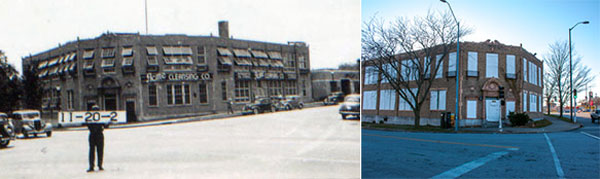 The Acme Cleansing Company in 1940 (left) and the vacant building today (right). 