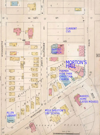 This 1895-1909 Sanborn Fire Insurance map shows vacant land at the corner of 39th and Main that later became rows of shops and later yet became CVS. It also shows the former home of the Hyde Park Christian Church, one of the oldest Christian churches in Missouri, as well as the former Baptist Church (now Redeemer Fellowship) on Baltimore.