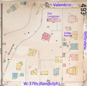 A 1909-1950 Sanborn Fire Insurance map shows the block with its large homes angled along Valentine Road, and another row of stately residences along Belleview. Some of Kansas City’s most prominent residents lived in Roanoke during this period. 
