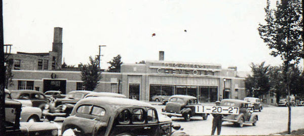 The southwest corner of Linwood and Gilliam in 1940, when it was the home of Sight Brothers Chevrolet.