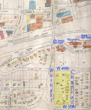 A 1917-1945 Sanfborn Fire Insurance map of the Plaza, showing the homes that stood on the block (highlighted in yellow) and the apartment hotels along Brush Creek.