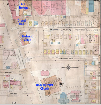 This 1909-1950 Sunburn Fire Insurance map shows Drexel Hall just east of Redemptorist Church.