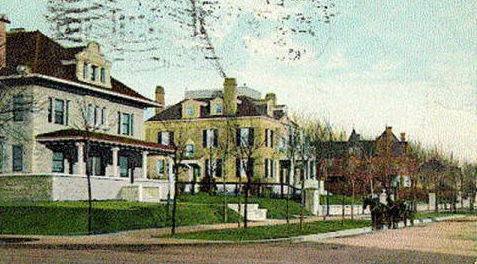 This postcard looks east along the north side of Armour Bouelvard from Main Street around the turn of the 20th century. The first home was owned by A.J. King of the King Realty Company. The second belonged to Edward Smith, a grain dealer whose wife was the sister of Simeon Armour. The majestic Kirk B. Armour home is the red brick mansion at the corner of Armour and Warwick 