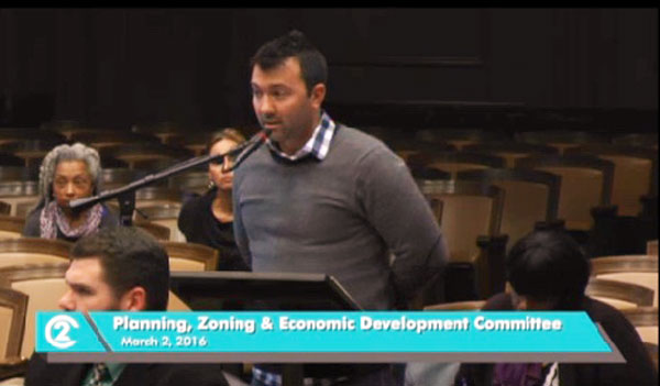 Drew Gilmore, co-president of the Valentine Neighborhood, testified on the Norman School proposal.