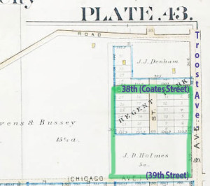 An earlier map of the block from 1891 shows lots had been divided up and laid out in the Regent Park subdivision at the north end of the block, but only a few homes had been built. Source: A complete Set of Surveys and Plats of Properties of Kansas City, MO. 1891.