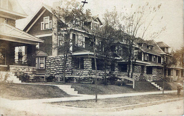 This neat row of “modern” homes sprang up on the 3800 block of Troost around 1910, when C.F. sent this postcard. Today, the homes are gone, but St. Mark’s Lutheran Church still stands on the block just north of Arrow Cleaners. 