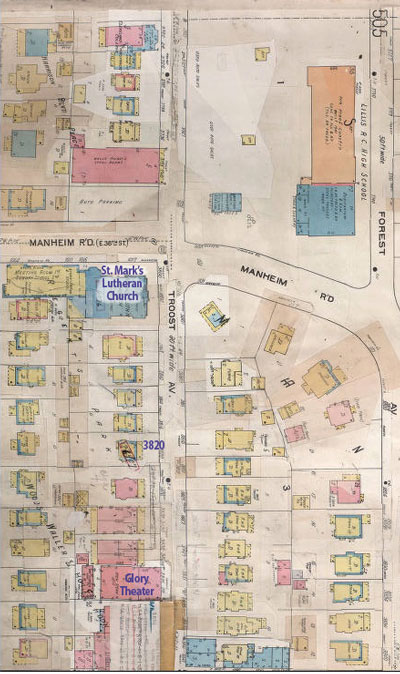A 1907-1950 Sanborn Fire Insurance Map of the block. Courtesy Kansas City Public Library/Missouri Valley Special Collections.