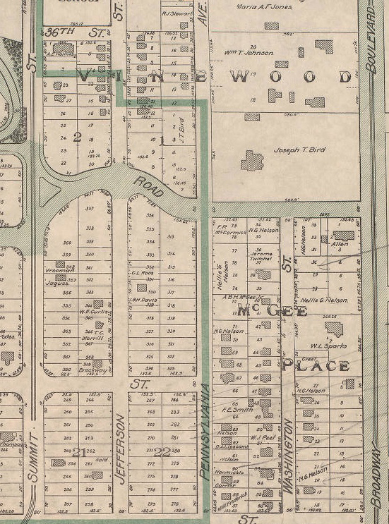 An early plat map of the Roanoke subdivision shows some of the original owners of the Pennsylvania Avenue property. A.B.H. McGee. Jr. and Nellie G. Nelson (daughter of A.B.H. McGee) owned several large tracts.