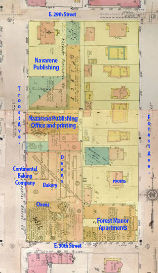 A map from 1909-1950 shows a transformed block, with Nazarene Publishing and the Continental Baking Company replacing former homes. 