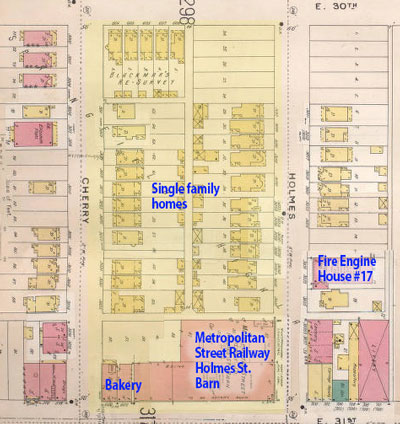 This Sanborn Fire Insurance map from 1896-1907 shows the block when it was mainly residential.