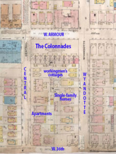A 1909-1950 Sanborn Fire Insurance map of the block. The Colonnade dominates the landscape. Collins also built four small cottages to as a buffer on the south side of the building.
