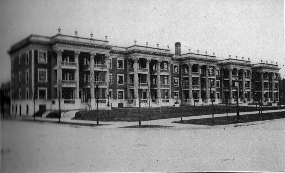 The Colonnade, which stretched along the south side of Armour from Central to Wyandotte, was one of the largest apartments in Kansas City when it was built in 1905. Builder W.H. Collins set a new standard for apartment design for the interior layout and the unusual deep front lawn. Photo from Pen and Sunlight Sketches of Greater Kansas City, 1911.