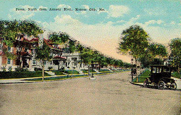 In 1915, the Paseo just north of Armour Boulevard was lined with mansions. Those lavish homes are no longer standing, but they were once home to several successful German immigrants. The house on the corner northwest corner of Armour and Paseo belonged to Hans Dierks, owner of coal and lumber companies.  
