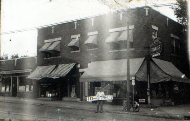 At the southeast corner of 43rd and Troost, James W. Hardacre operated a drug store around 1940. The building just to the north was a Piggly Wiggly grocery store in the late 1920s. 