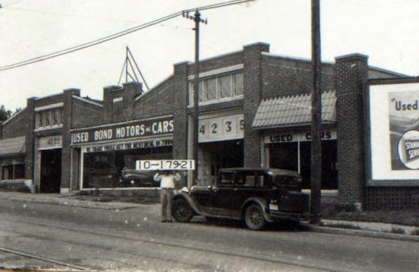 Like much of Midtown, this block was dominated by businesses selling and servicing automobiles beginning in 1920. The building at 4233 Troost saw an ever-changing stream of auto-related businesses until 1940, offering Kansas Citians a chance to buy used or new cars. 