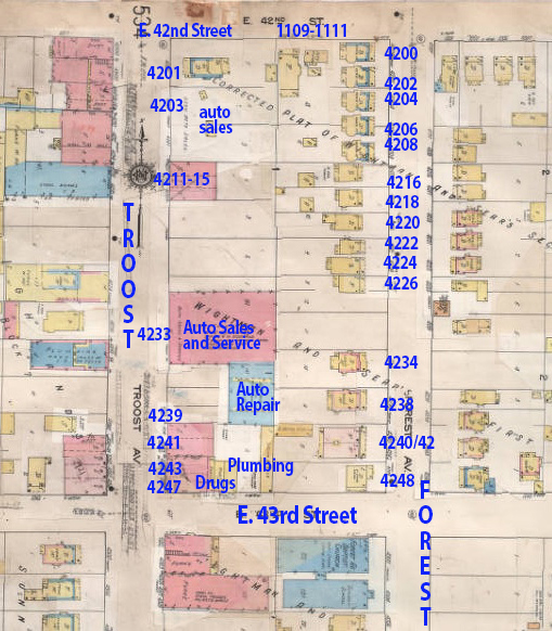 A Sanborn insurance map from 1909-1950 shows buildings on the block.