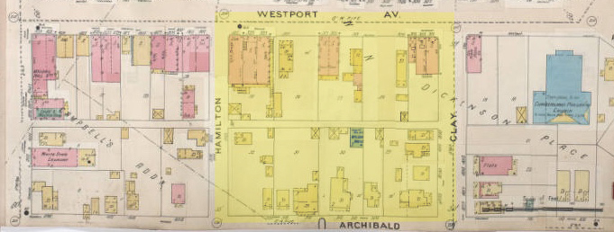  In this 1895-1907 map, the same block contained scattered brick buildings (in pink) as well as frame business and residential structures.
