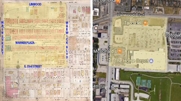 A 1909-1950 map shows the block when it was dominated the the Warner Plaza apartments and commercial buildings. On the right is a recent aerial photo of the same location. 