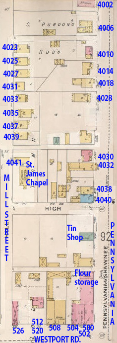 This early map (1895-1907) shows the block before Manor Bakery was built in 1926. The St. James Chapel, a black Baptist Church, stood at 4041 Mill. It moved to West 43rd Street in 1939 as the bakery expanded. 