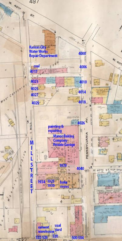 A later map of the block, from 1907-1950, shows the expansion of the Manor Baking Company and the Kansas City Water Department, and the removal of the St. James Chapel and several of the homes along Mill Street.