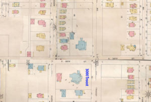 When the Smith family lived at 3000 Troost, the area was made up of large homes and was the most fashionable residence area of Kansas City. Sanborn map from 1896-1907. 