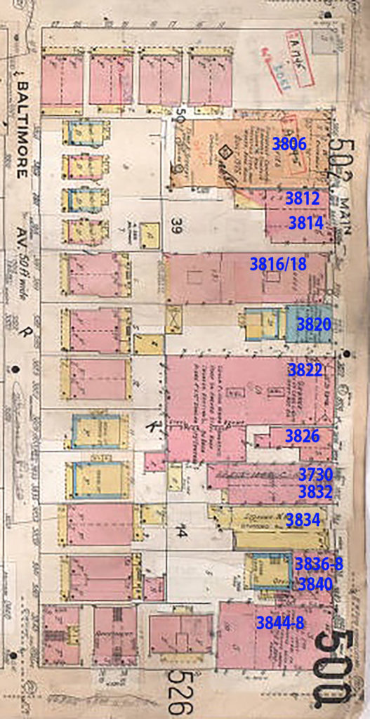 This 1909-1950 Sanborn Fire Insurance map shows the Dunn home at 3820 with the house at the rear of the property and the office space on Main. 